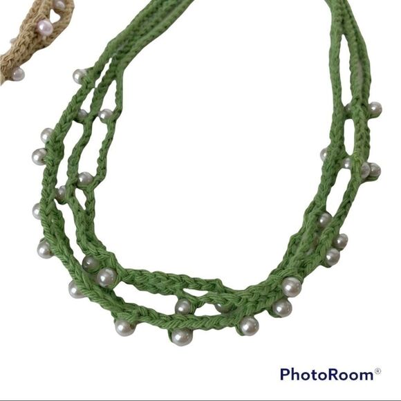 Hand Crafted Crochet Boho Bead Necklace Green Gray Beads Wood Button Pearlcore - Picture 3 of 9